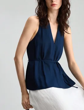 Top sin mangas para mujer 2026, nuevo, minimalista, elegante y dulce, azul oscuro, cuello en V, cintura ceñida, holgado, versátil, estiliza la figur - Shein - FashionsVida