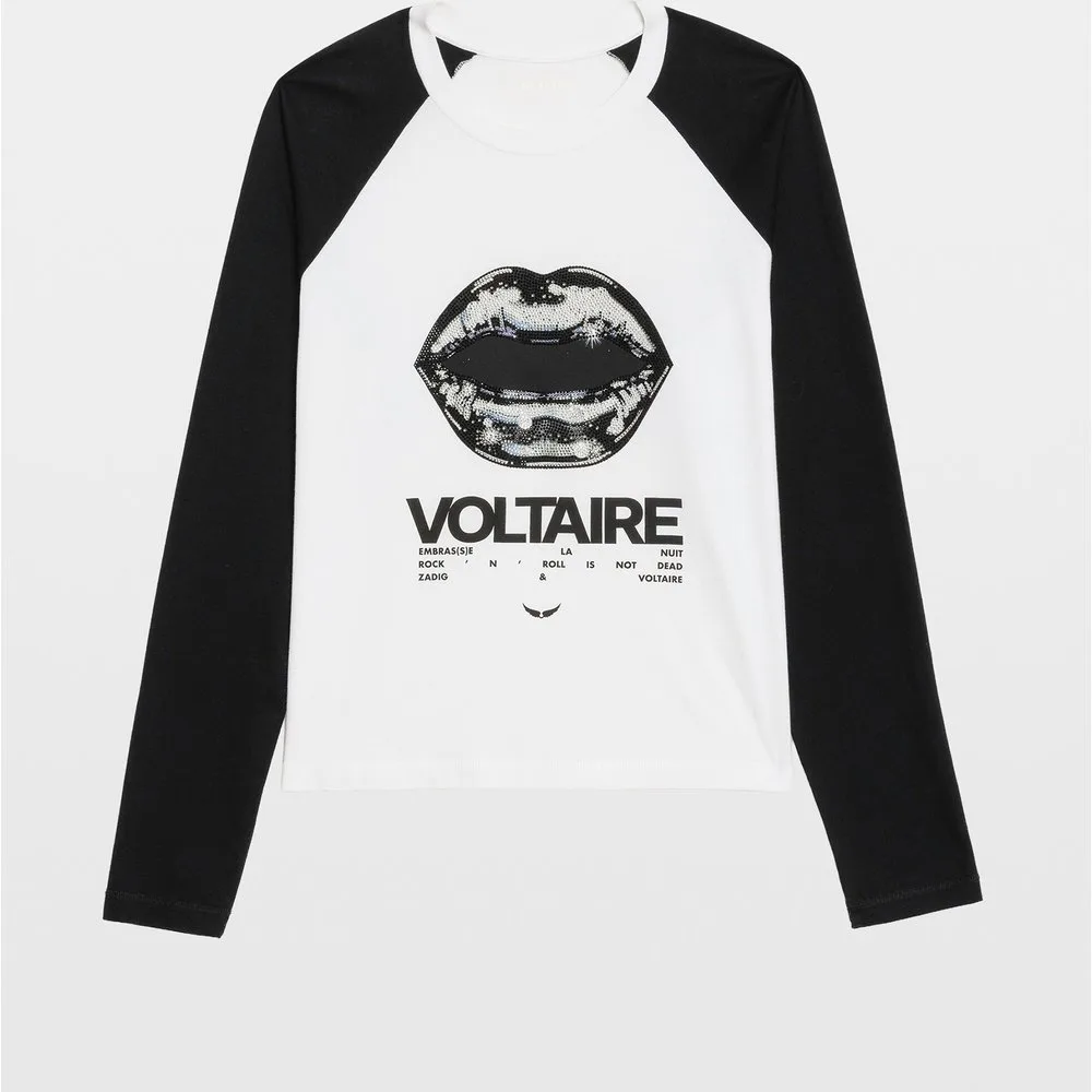 Zadig & Voltaire - Camiseta de mujer de manga larga raglán bicolor con estampado y strass de algodón - Zadig & Voltaire - FashionsVida