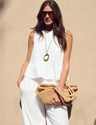 Pure Cotton Crew Neck Peplum Top White female