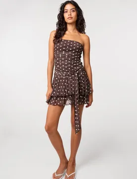 Women's Brown RaRa Tie Waist Polka Dot Bandeau Dress Size: Small - Brown - Size: S - Pink Vanilla - FashionsVida