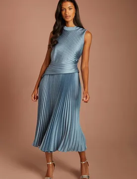 Women's Petite Pleated Detail Bodice & Skirt Sleeveless Midi Dress in Dusty Blue Size: 18 - Dusty Blue - Size: 18 - Coast - FashionsVida