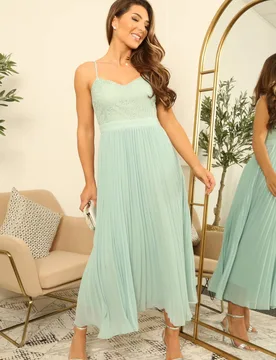 Women's Strappy Pleated Lace Dress in Pale Green Size: 16 - Pale Green - Size: 16 - DOUBLE SECOND - FashionsVida
