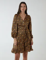 Ruffle Fixed Wrap Tie Dress - 10 / BLACK PATTERN - female