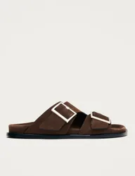 Leather Buckle Flat Sliders Brown female