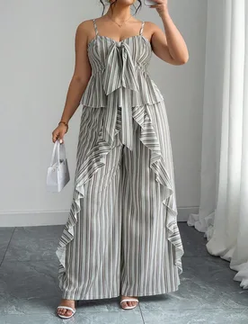 Set de 2 piezas de top de tirantes y pantalones de pierna ancha a rayas para mujer de talla grande, estilo campestre casual, romántico para vacacione - Shein - FashionsVida
