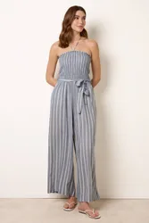 Women's Shirred Waist Blue Sleeveless Bardot Jumpsuit Size: Medium/Large - Blue - Size: M/L