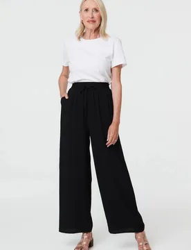 Women's Drawstring High Waist Wide Leg Trousers in Black Size: 12 - Black - Size: 12 - Izabel London - FashionsVida
