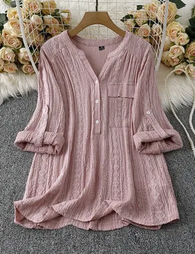 Blusa de mujer talla grande con textura, jacquard calado, media botonadura delantera, bolsillos, efecto estilizante, elegante, bohemio, casual, para v - Shein - FashionsVida