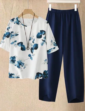 Conjunto de dos piezas para mujer, Top suelto de cuello redondo con estampado floral y pantalones jogger sueltos para verano S - Shein - FashionsVida