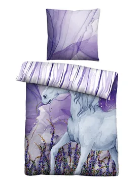 Baumwoll Renforce Bettwäsche Einhorn violett, 1x 135x200 cm + 1x 80x80 cm - Castell - FashionsVida