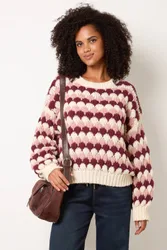 Women's Cream & Burgundy Long Sleeve Crew Jumper Size: Small/Medium - Cream - Size: S/M