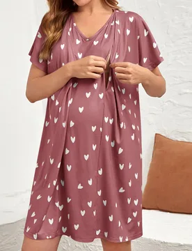 Vestido de noche de maternidad con manga murciélago y estampado de corazón para lactancia para madre - Shein - FashionsVida