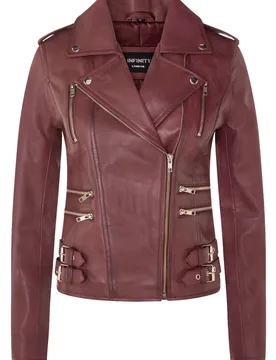 Womens Brando Biker Jacket-Loddon - Burgundy Lamb Leather - Size 8 Uk - Infinity Leather - FashionsVida