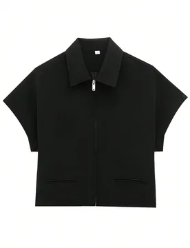 Blusa de manga corta con cuello polo de unicolor, negro para primavera/verano L - Shein - FashionsVida