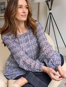 Women's Print Pleated Chiffon Blouse in Mid Blue Size: 10 - Mid Blue - Size: 10 - Cotton Traders - FashionsVida