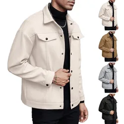 Men Wool Blend Lapel Work Jacket Faux Double Chest Pockets Button Loose Casual Street Coat Spring Autumn Winter Daily Outerwear