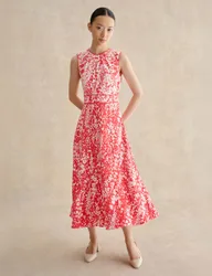 Floral Tie Waist Midi Waisted Dress Red Mix female