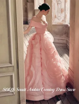 SOLIS Pink Tulle Prom Dresses Off Shoulder Evening Dress Short Sleeve Party Dress with 3D Floral vestidos de fiesta Customized - Aliexpress - FashionsVida