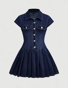 Vestido corto plisado estilo camisa con cuello de mezclilla azul marino para niña preadolescente, moda casual linda Y2K vintage cool, elegante, estil - Shein - FashionsVida