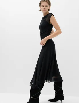 Mesh Slash Neck Draped Midi Waisted Dress Black female - M&S - FashionsVida