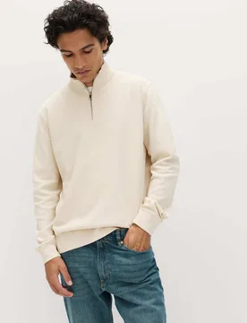 Cotton Rich Double Knit Half Zip Sweatshirt Ecru male - M&S - FashionsVida