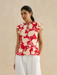 Floral Tie Neck Ruffle Blouse Red Mix female