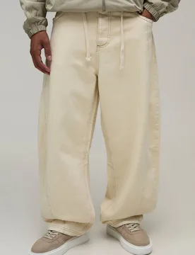 Herren Jeans Hosen Mit Paneelen Und Kordel-Gürtel In Barrel-Passform Ecru Größe 34R - boohooMAN - FashionsVida