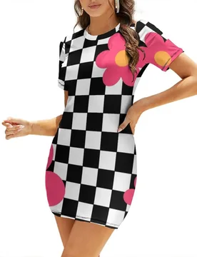 Retro Checkerboard Flowers Mod Short-Sleeved Dress Womens dresses prom dress 2025 evening dress women - Aliexpress - FashionsVida