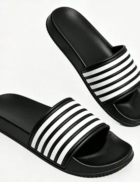 Par de chanclas tipo slide a rayas negras y blancas, estilo deportivo, para playa exterior y hogar interior, suela blanda, Q-Bounce, estilo holgado, c - Shein - FashionsVida