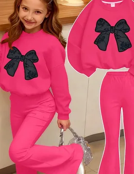 Set de 2 piezas: Sudadera con cuello redondo con estampado de moño + Pantalones para adolescentes, nuevo conjunto casual de moda, adecuado para viaja - Shein - FashionsVida
