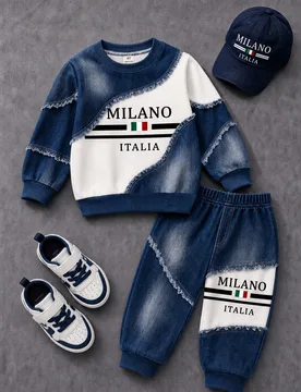 Conjunto de sudadera para niños (pequeño) con cuello redondo, puños, dobladillo y cuello acanalados en azul profundo; Body hecho de tela de mezclil - Shein - FashionsVida