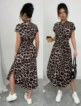 Vestido largo de manga corta para verano 2025, nuevo, con bolsillo, abertura lateral, cinturón y lazo, estampado de leopardo, para uso casual y de vi - Shein - FashionsVida