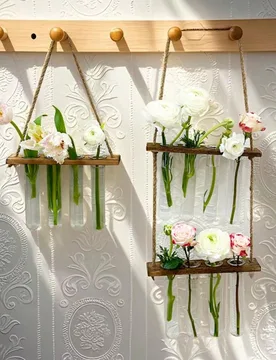 Varios estilos de macetas de tubo de ensayo hidropónicas montadas en la pared, estante de flores colgante de cuerda de madera para decoración de par - Shein - FashionsVida