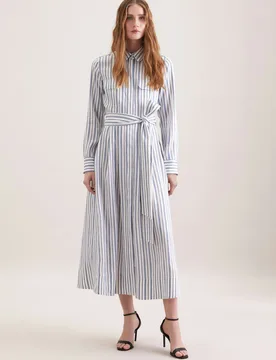 Weit schwingendes Hemdblusenkleid mit Bindgürtel aus Leinen Mix, slim Blau 38 - Seidensticker - FashionsVida