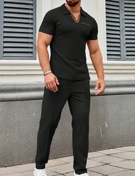 Traje casual para hombre, conjunto de 2 piezas versátil para exteriores de alta gama con parte superior de manga corta con cuello de gofre y bolsillo - Shein - FashionsVida