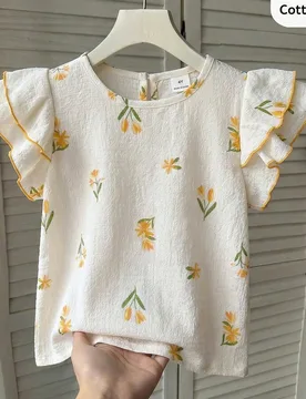 Blusa linda con cuello redondo, mangas con volantes y estampado floral para niña 6Y - Shein - FashionsVida