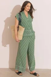 Women's Printed Wide Leg Pull On Trousers in Khaki Size: 10 - Khaki - Size: 10