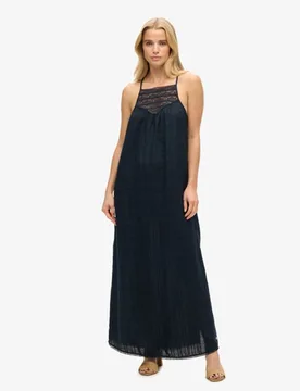 Superdry Damen Maxi-strandkleid mit Spitze und Nackenträger Marineblau - Größe: 38 - 89.99 - FashionsVida