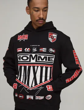 Mens Black Oversized Moto Crest Print Hoodie Cotton - Size X-Small - boohooMAN - FashionsVida