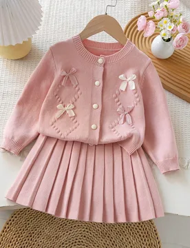 Conjunto de cárdigan de punto de manga larga con lazo decorativo y falda de punto plisada para niña joven, suéter de otoño 7Y - Shein - FashionsVida