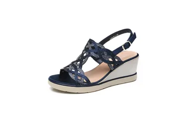 Women's Rhinestone Glitter Sparkling Slingback Buckle Strap Wedge Sandals in Navy Size: 7 - Navy - Size: 7