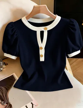 Blusa elegante con botones de metal de color contrastante, mangas cortas abullonadas L - Shein - FashionsVida
