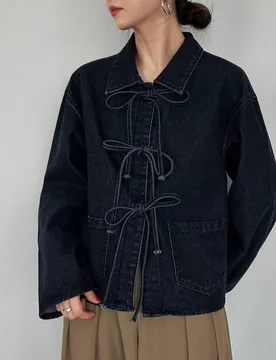 Chaqueta de mezclilla azul oscuro para mujer, casual, linda, elegante, para uso diario y escuela, unicolor, hombros caídos, manga larga, lazo delante - Shein - FashionsVida