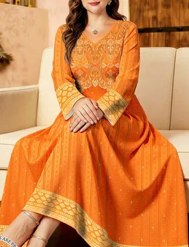 Vestido árabe elegante de primavera para mujer talla grande con estampado digital de patrón damasco vintage naranja, cuello en V y manga larga 3XL - Shein - FashionsVida