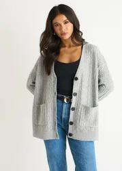 Womens Grey Cable Patch Pocket Knitted Cardigan
