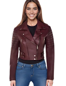 Womens Burgundy Cropped Brando Biker Jacket-Bellville Lamb Leather - Size 10 Uk - Infinity Leather - FashionsVida