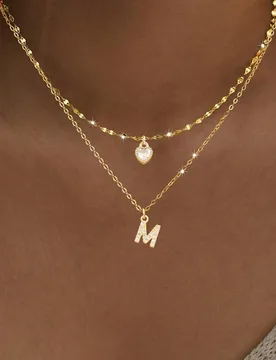 Set de 2 collares con colgante de corazón y letra de acero inoxidable con cadena de labios, estilo minimalista de moda para mujeres B - Shein - FashionsVida