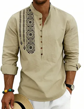 Men's Summer Stand-Up Neck Linen Long Sleeve T-Shirt, Ethnic Print Button-Up Shirt - Aliexpress - FashionsVida