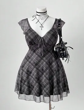Vestido de manga corta con cuello cuadrado y estampado de cuadros, para verano 3XL - Shein - FashionsVida