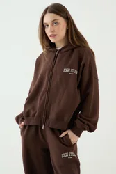Womens Collegiate Printed Zip Through Boxy Hoodie - Dark Brown Cotton - Size 2xl